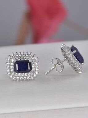 Natural Double Halo Blue Sapphire Earrings 925 Sterling Silver